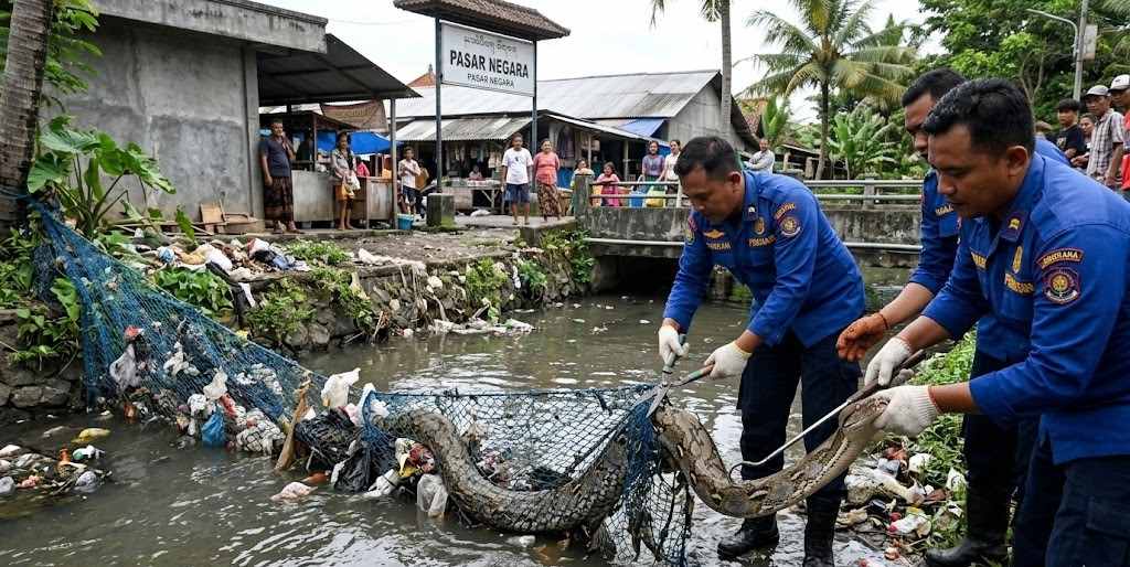 Dievakuasi Petugas, Piton Sepanjang 3 Meter Terjebak Jaring di Sungai Timur Pasar Umum Negara